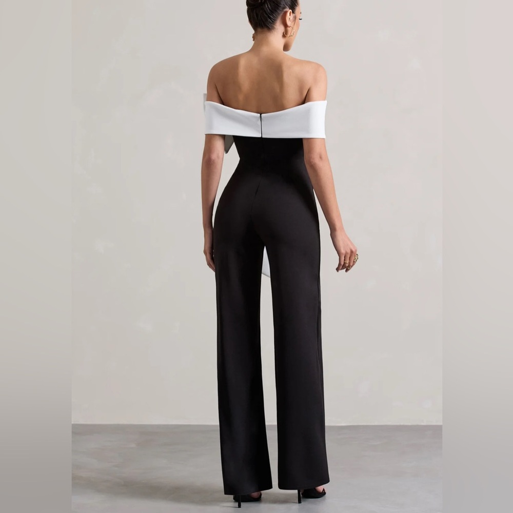 Club L London Black Bower Bardot Straight-Leg Jumpsuit With Bow size 12US - Picture 2 of 4